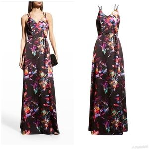 Aidan Mattox Printed Satin Wrap-Front Gown
